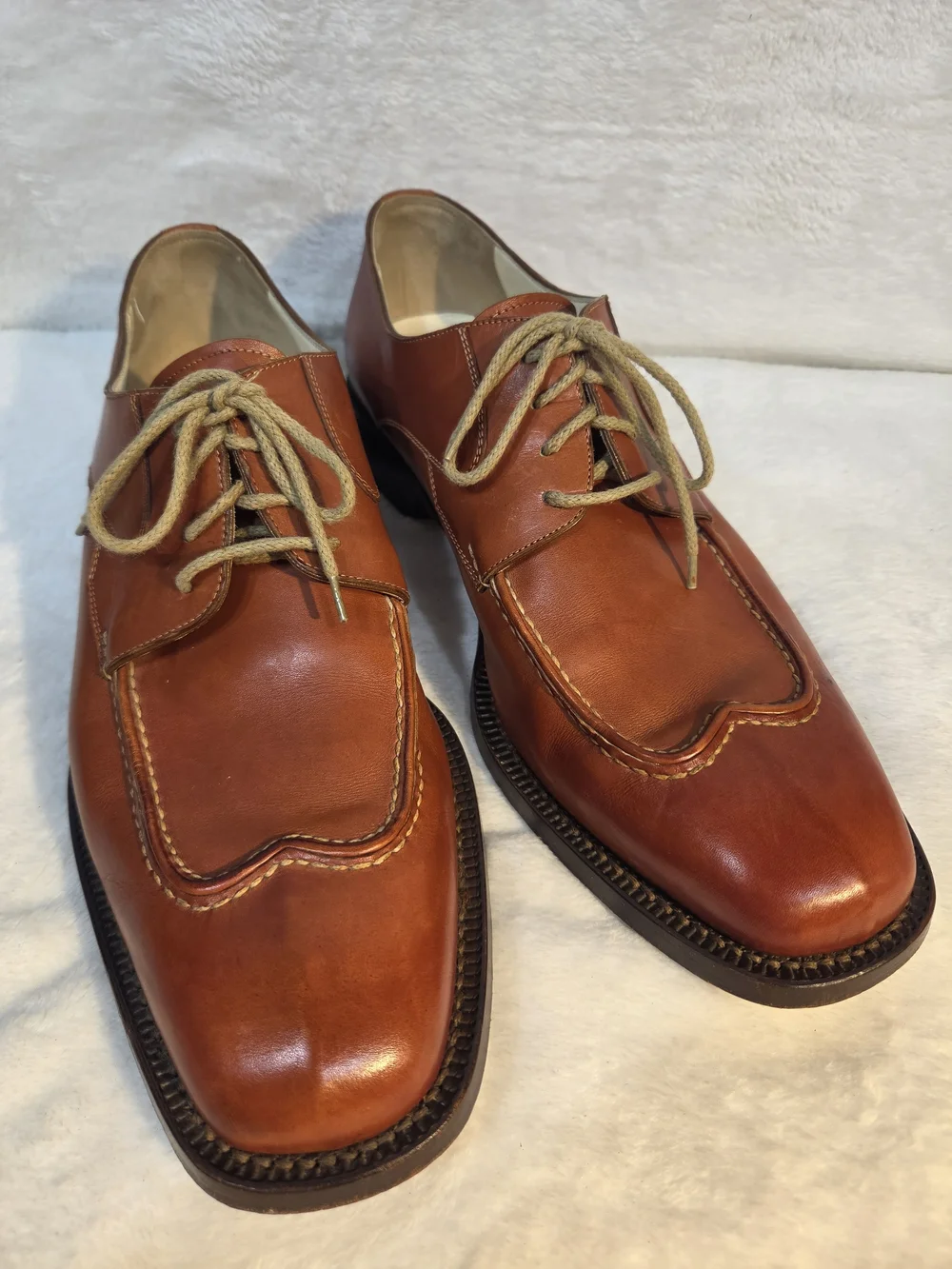 Bruno Magli Italian Platinum Caton Cognac Brown Leather Lace-Up Oxfords Vtg